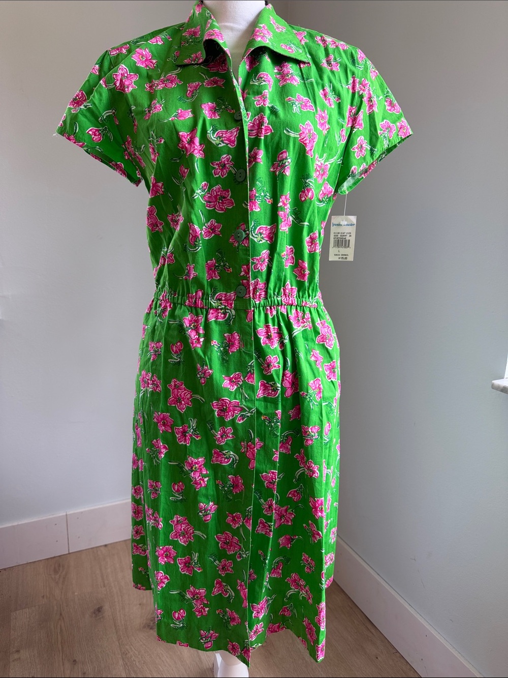 Vintage Lilly Pulitzer Green and Pink Lilly Floral Shirtwaist Dress
